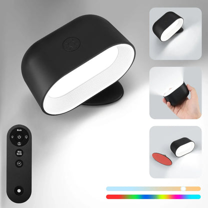 White remote touch magnetic wall lamp with oval light, showing 360-degree rotation and remote control for colour changing.
