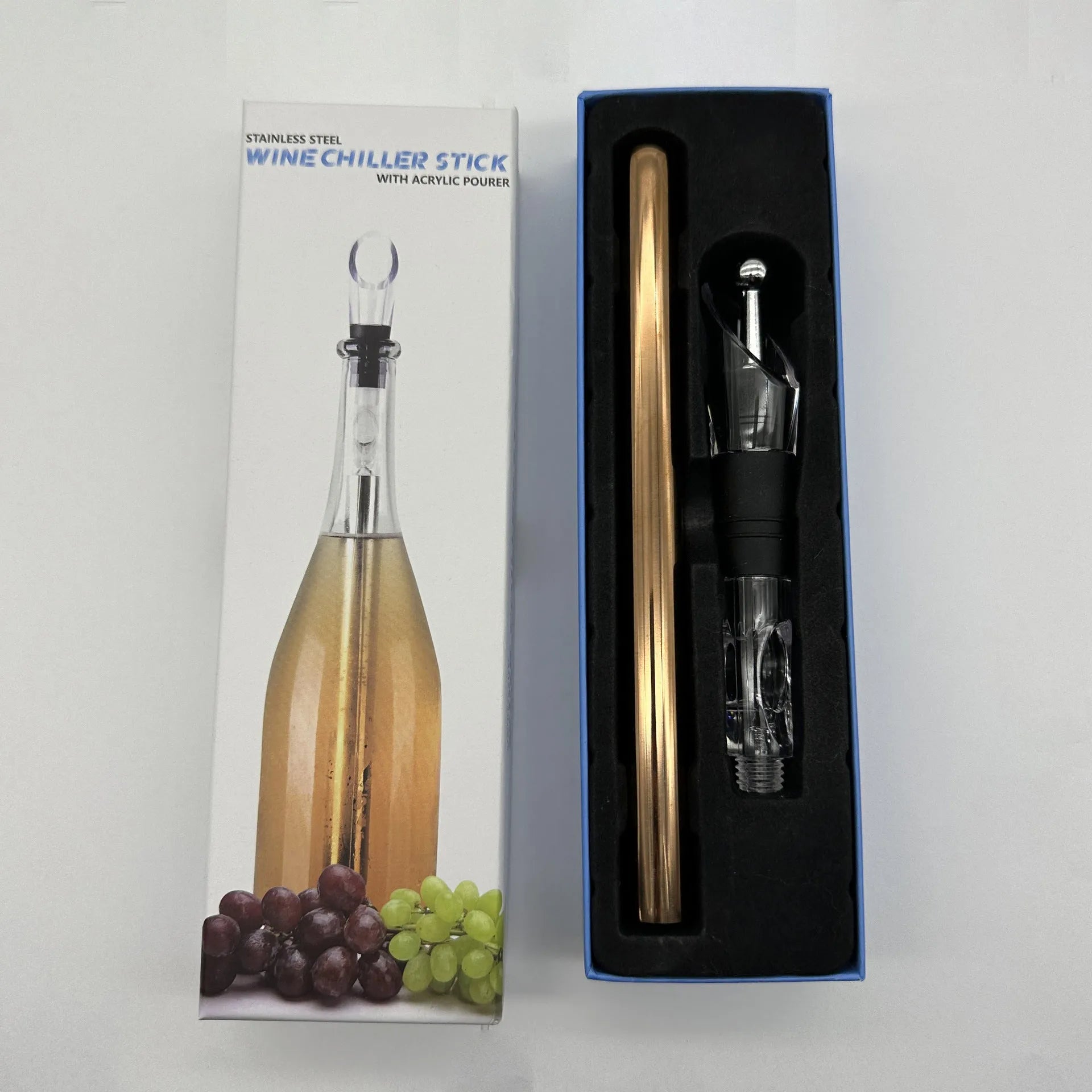Stainless steel wine chilling rod with acrylic aerator pourer for cooling bottles from inside