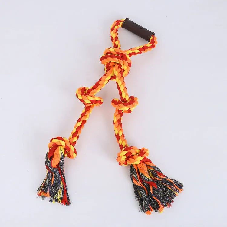 Blue and yellow dog rope toy with non-slip handle, measuring 18cm by 62cm for aggressive chewers