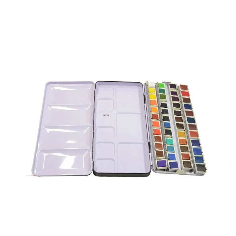 Tinplate solid watercolour paint box in square shape with folding lid, shown in three size options.