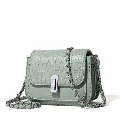 Women's soft PU shoulder bag with chain strap, horizontal square design in black colour showing sandwich pocket