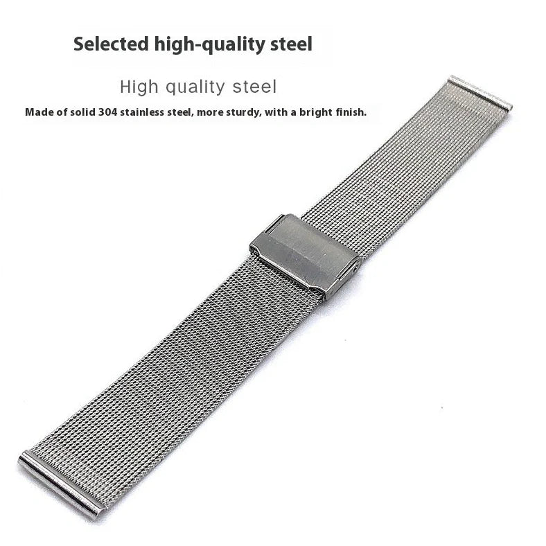 Silver stainless steel watch strap with double buckle closure showing eight width options from 10mm to 24mm