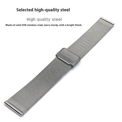Silver stainless steel watch strap with double buckle closure showing eight width options from 10mm to 24mm