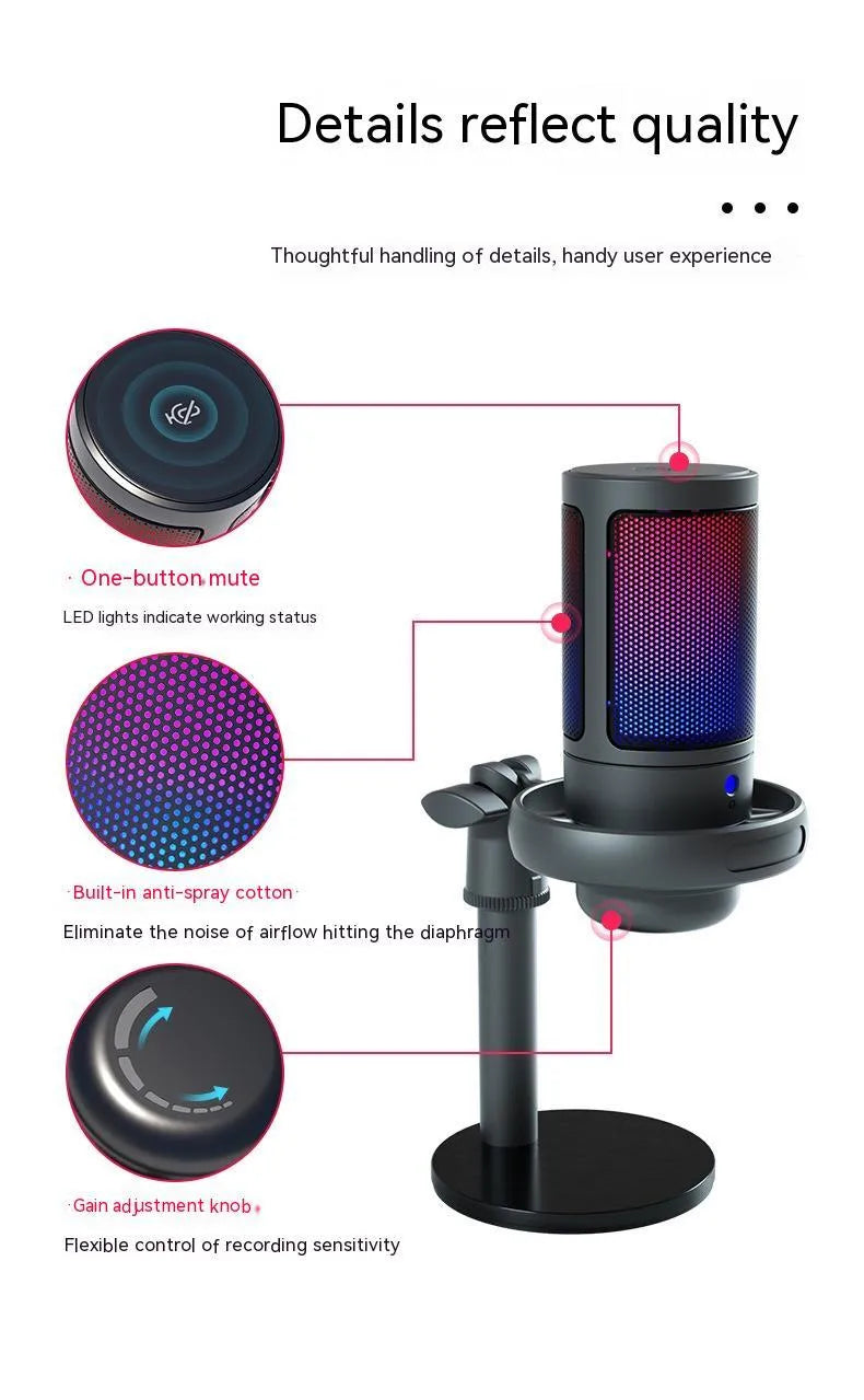 RGB USB condenser microphone in black, white, or pink colours with a 150 cm cable.