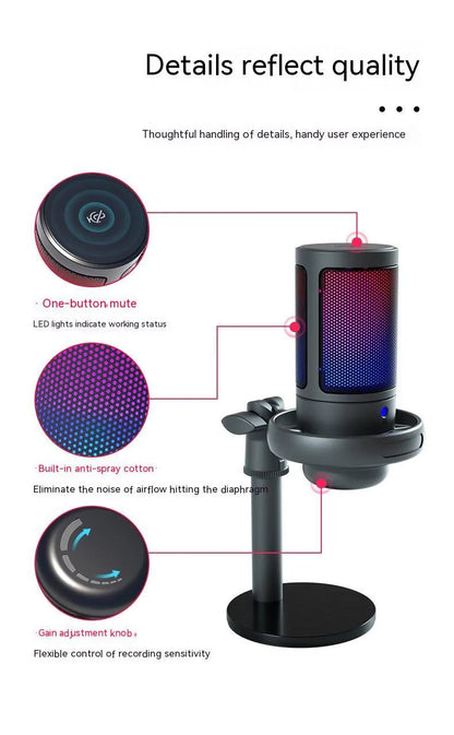 RGB USB condenser microphone in black, white, or pink colours with a 150 cm cable.