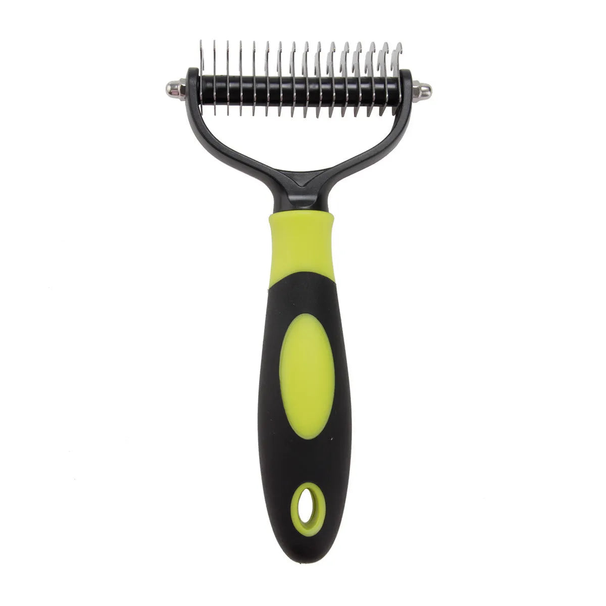 Dog grooming comb with plastic body and stainless steel teeth for knot opening and hair removal