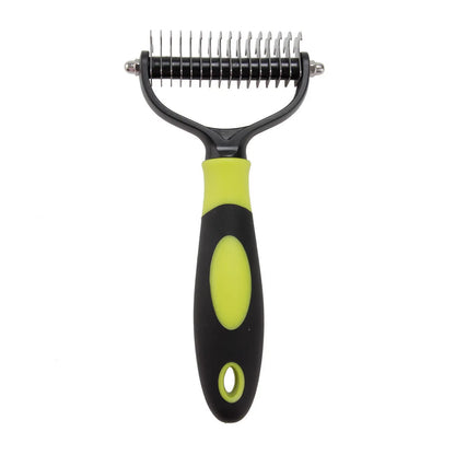 Dog grooming comb with plastic body and stainless steel teeth for knot opening and hair removal