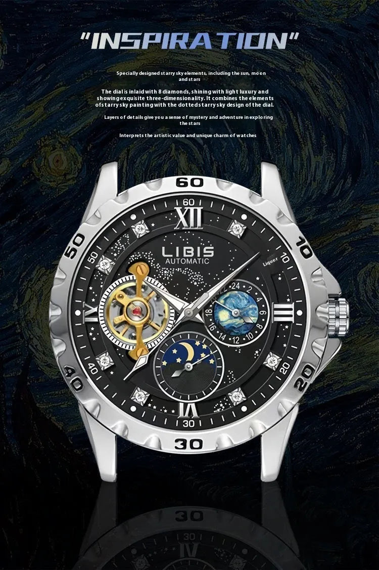 Silver case automatic mechanical watch with black dial, genuine leather strap, and stainless steel buckle