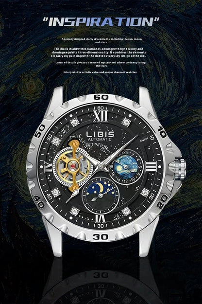 Silver case automatic mechanical watch with black dial, genuine leather strap, and stainless steel buckle
