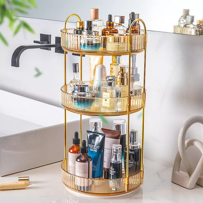 3-layer rotating cosmetic shelf in green, yellow, or white for bathroom organization
