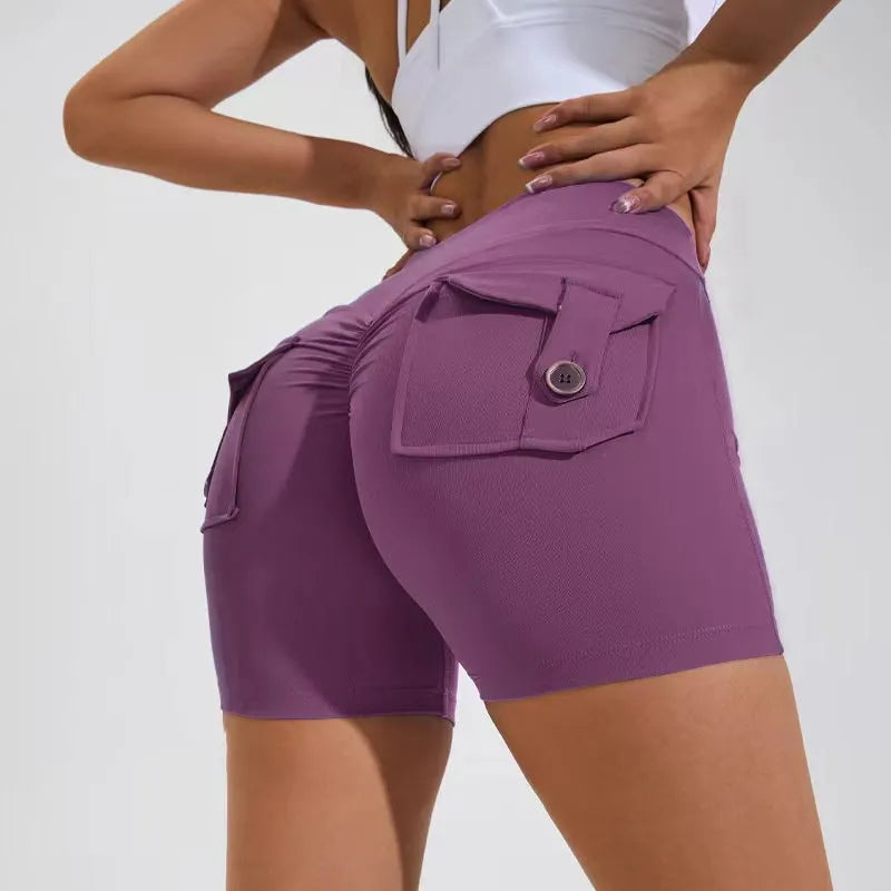 Women's high-waist fitness shorts with pockets in quick-dry nylon fabric
