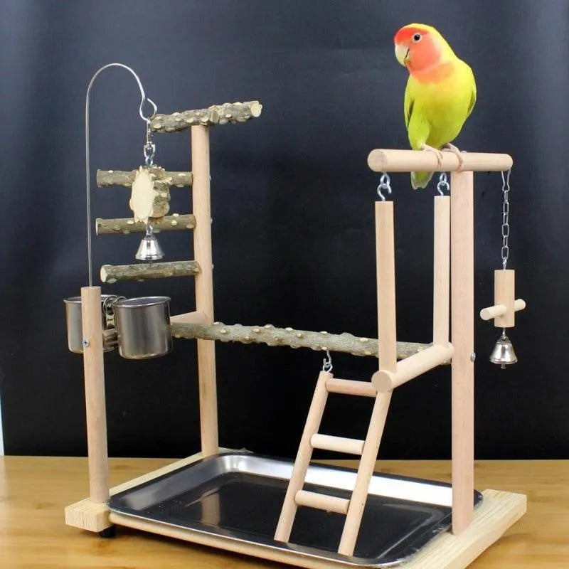 Tiger skin peony coloured parrot play stand made from pepper wood, featuring a xuanfeng design with a sub-stand pole and hanging toys.