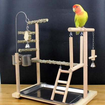 Tiger skin peony coloured parrot play stand made from pepper wood, featuring a xuanfeng design with a sub-stand pole and hanging toys.