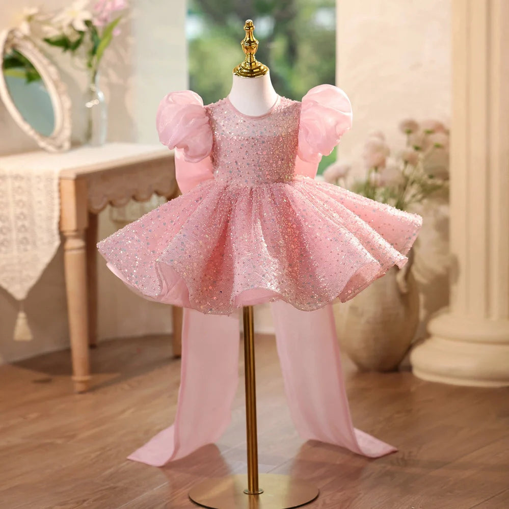 Pink children's sequined formal dress with puff sleeves for flower girl and wedding occasions