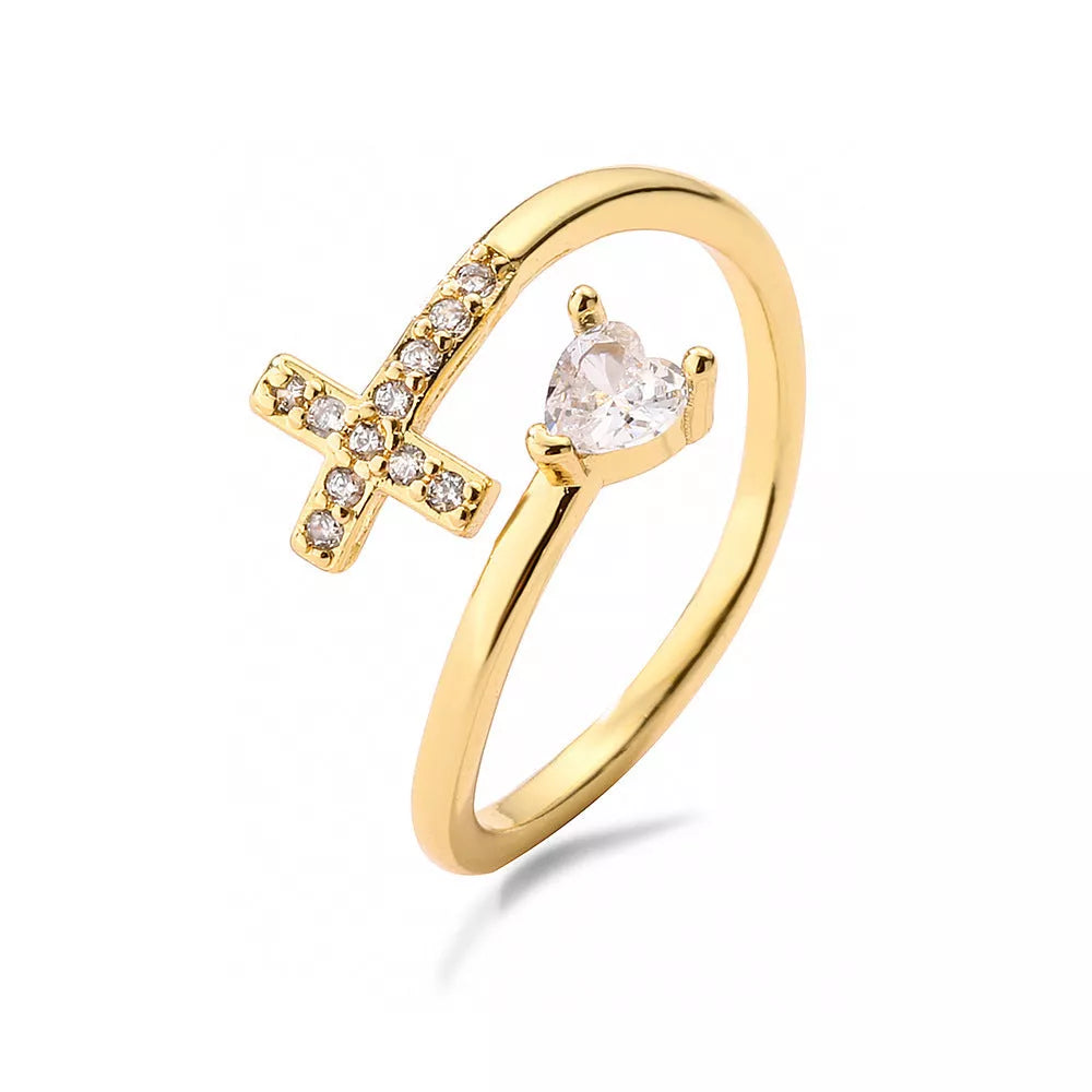 Adjustable clear CZ zircon cross evil eye ring for women, geometric design with irregular elements