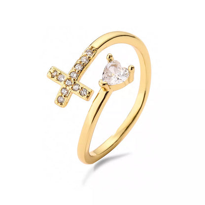 Adjustable clear CZ zircon cross evil eye ring for women, geometric design with irregular elements