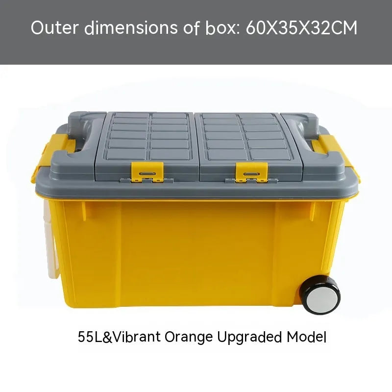 Large orange plastic storage box with black wheels and a pull-up handle, shown in a garage setting.