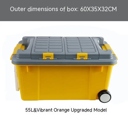 Large orange plastic storage box with black wheels and a pull-up handle, shown in a garage setting.