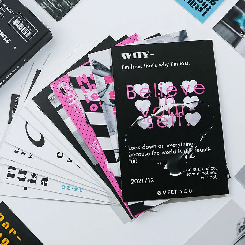 Two A5-sized postcard designs: 'Time Not Arrived' and 'Warm Wind Not Exhausted' on cardstock.