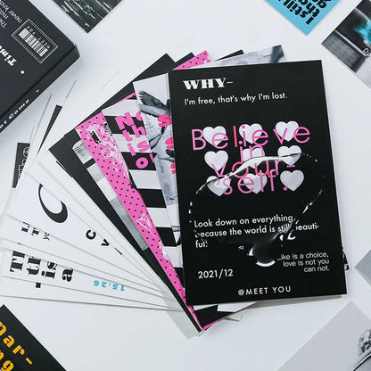 Two A5-sized postcard designs: 'Time Not Arrived' and 'Warm Wind Not Exhausted' on cardstock.