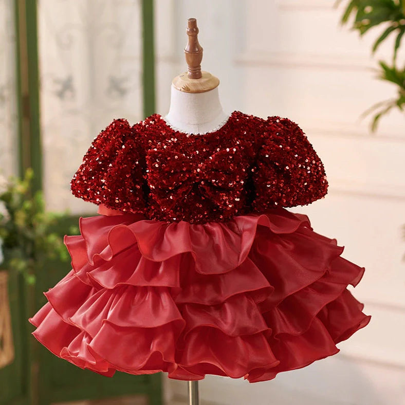 Wine red polyester princess dress for girls' birthday celebrations with height options from 80cm to 160cm