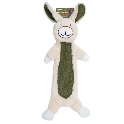 No stuffing crinkle dog toys showing rabbit and sloth plush designs for interactive canine play