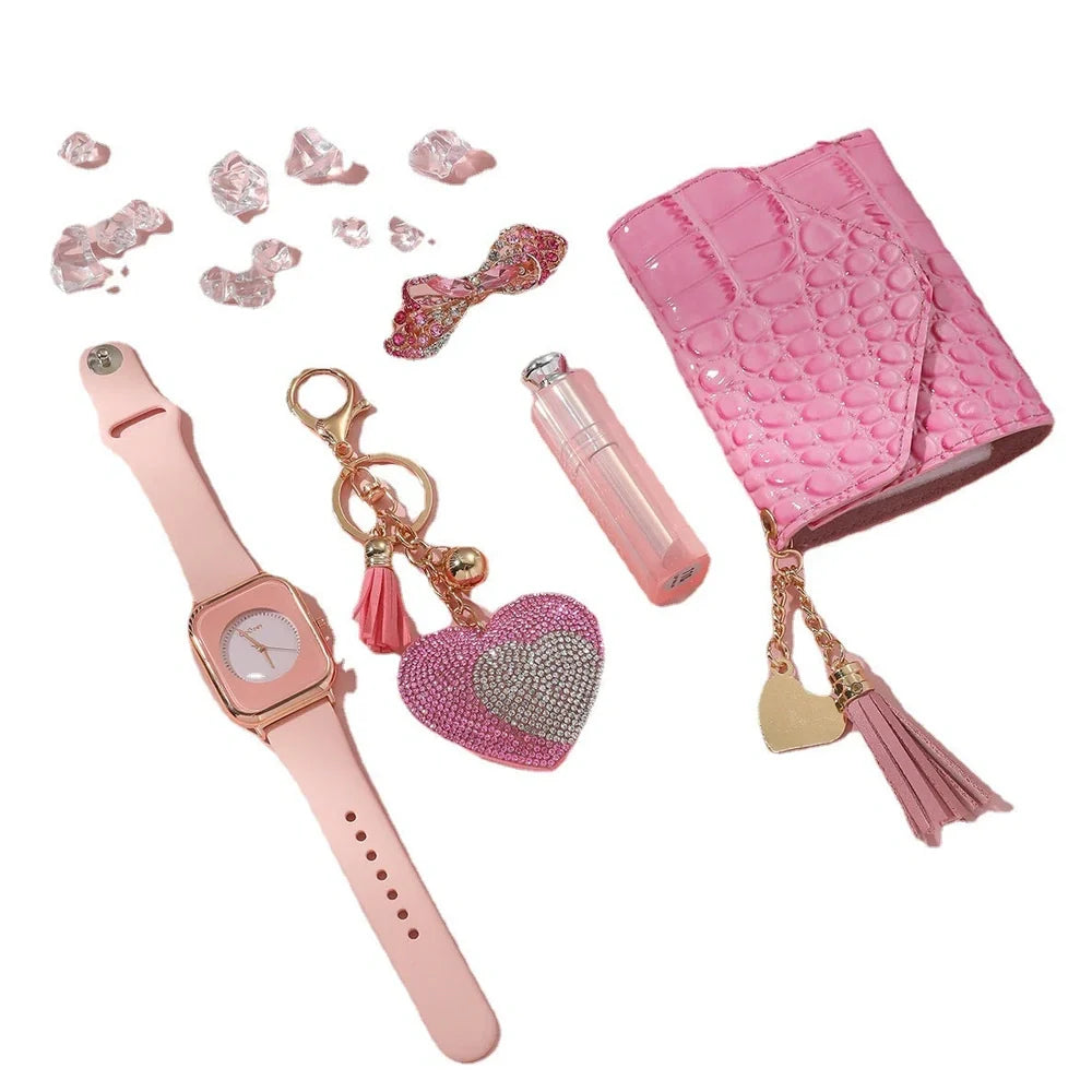 Ladies watch gift set with 35mm dial, matching wallet, vanity mirror, key chain and brooch accessories