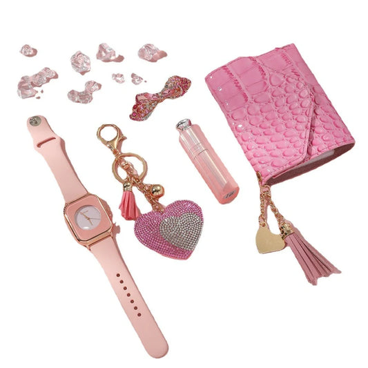 Ladies watch gift set with 35mm dial, matching wallet, vanity mirror, key chain and brooch accessories