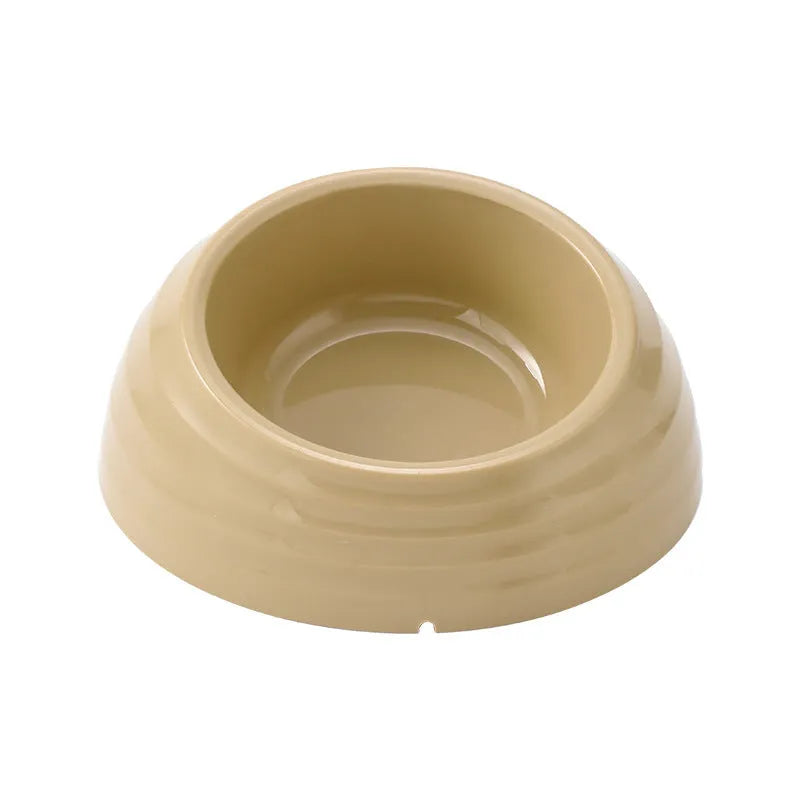 Single stainless steel cat bowl with a light green plastic base on a floor.