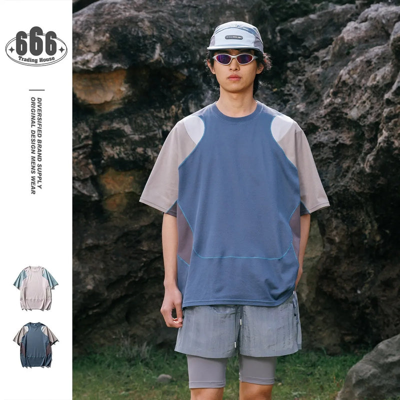 Men's loose fit short sleeve sports T-shirt with raglan sleeves in a cotton blend fabric, available in Galaxy Blue and Lotus Root Starch colours, printed national fashion design for daily summer wear.