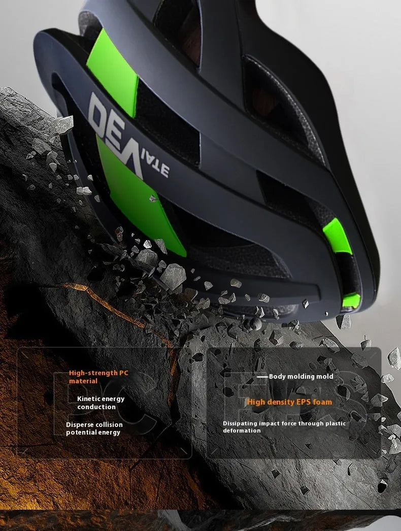 Adult adjustable mountain bike helmet in matte black with coloured graphics, showing ventilation net and sizing dial.