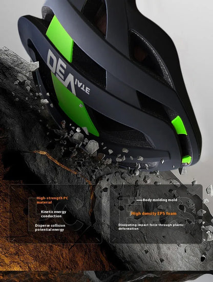 Adult adjustable mountain bike helmet in matte black with coloured graphics, showing ventilation net and sizing dial.