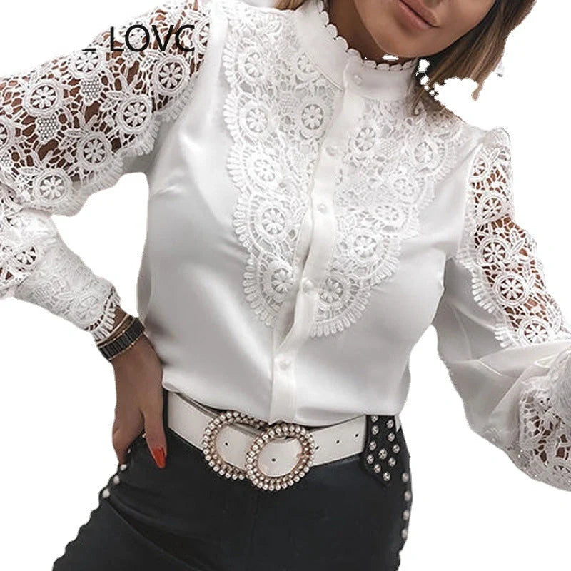 Women's white long sleeve V-neck lace button shirt with floral panel