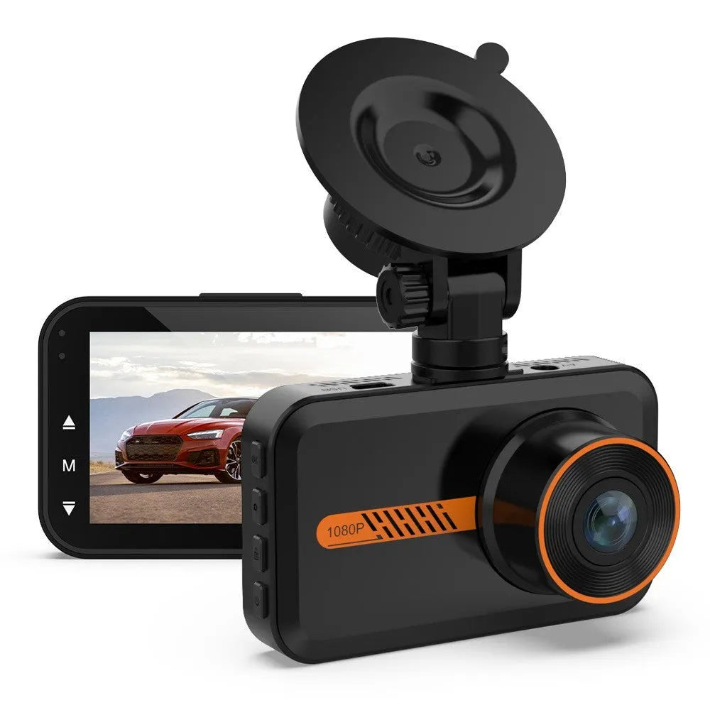 ThiEYE front and rear dash cam with 3-inch screen, suction cup mount, and rear waterproof camera.