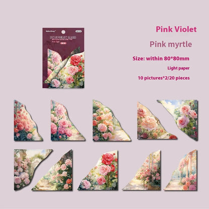 DIY craft set with 20 floral note sheets and matching printed bookmarks in six colours.