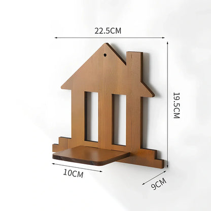 Solid wood wall shelving with irregular shape displaying plants in water bottle reservoirs with retro castle design