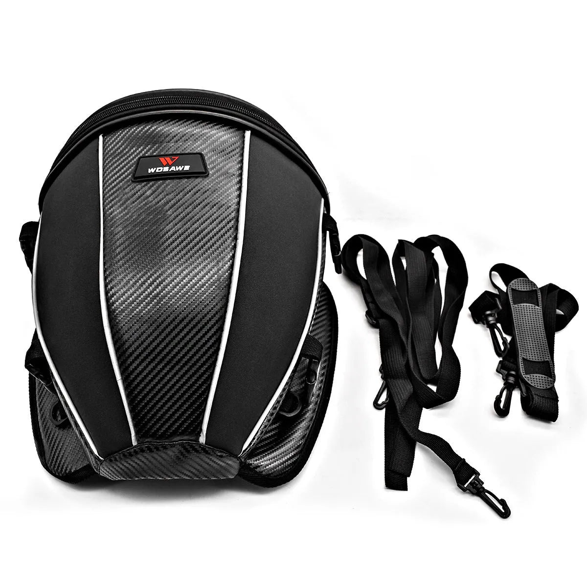 Black waterproof motorcycle tail bag with reflective stripe, showing multiple pockets and a carrying strap.