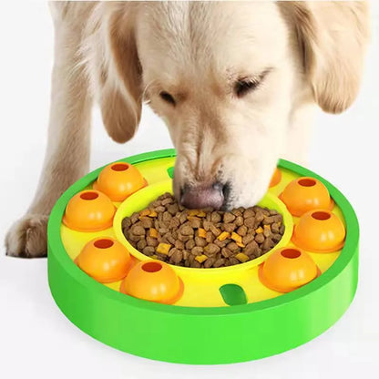 Green and blue interactive dog puzzle toy slow feeder bowl with food turntable top