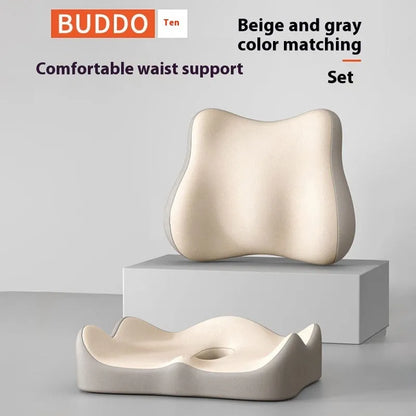 Memory foam seat cushion with contoured shape for lower back support, measuring 40cm x 40cm