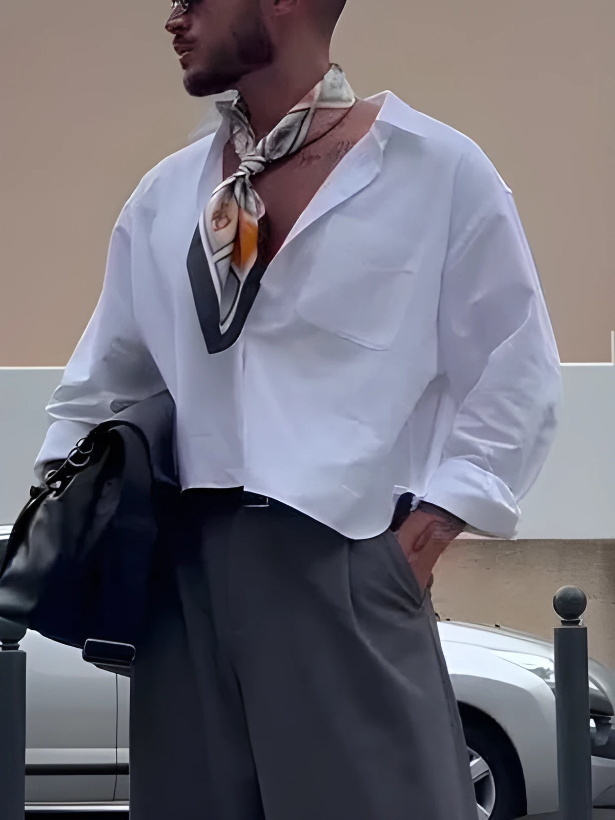 Men's white polyester casual shirt with regular fit and cropped length