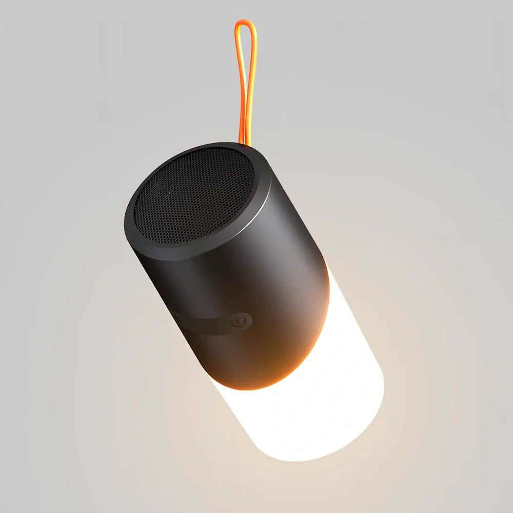 Black portable Bluetooth speaker with RGB lights, iron mesh covering, and compact circular design for outdoor audio