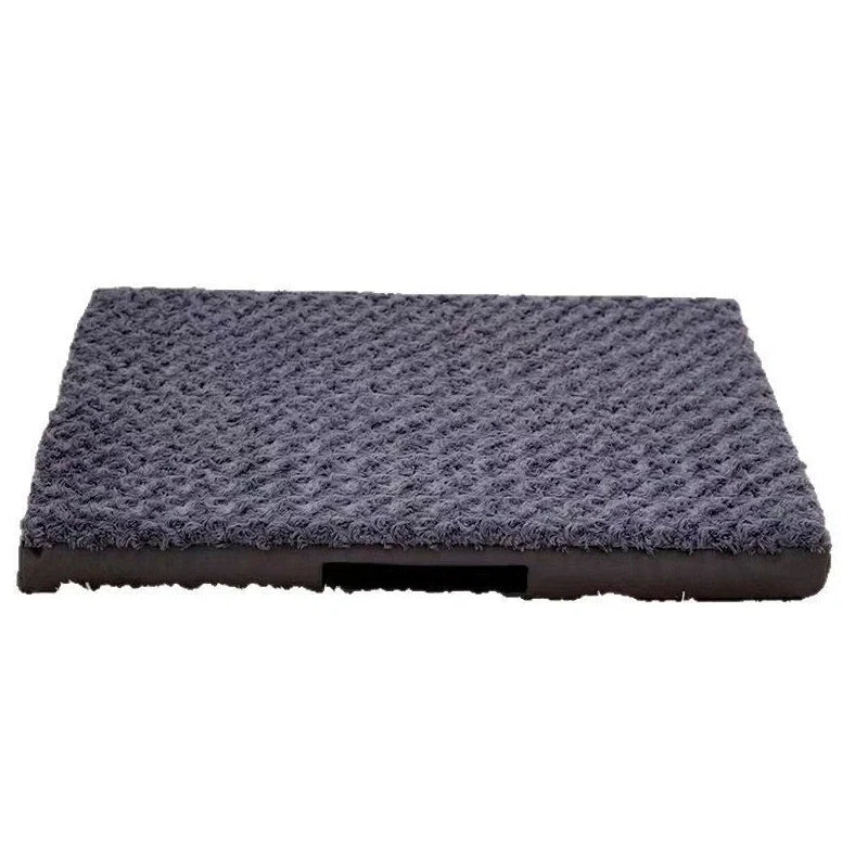 Dark grey dog mat with embossed velvet texture showing size comparison from 50×40cm to 120×75cm