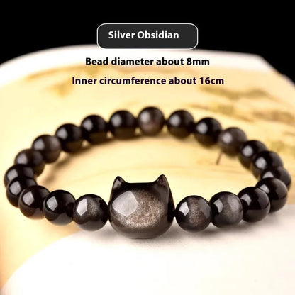 Obsidian cat head bracelet with round beads and feline charm in gold or silver style options