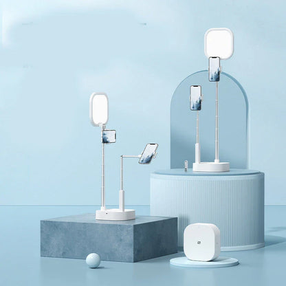 Versatile mobile phone broadcast stand with adjustable height, 360-degree rotation, and dimmable LED fill light for content creation