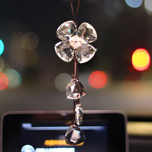Crystal four leaf grass car interior pendant in transparent, champagne, black, or shiny finish, approximately 20cm long.