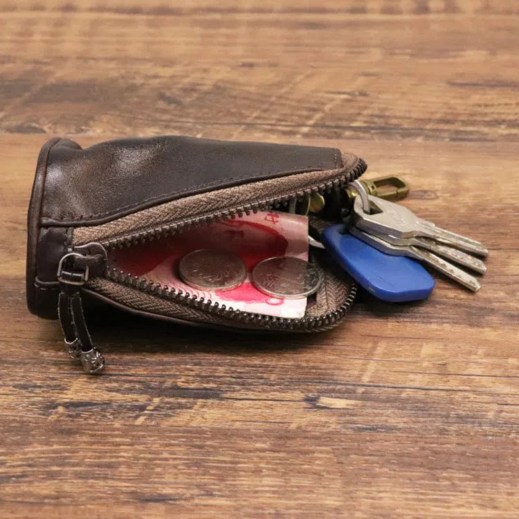 Men's waist-hanging key case in full-grain cowhide genuine leather with distressed finish, available in five solid colours