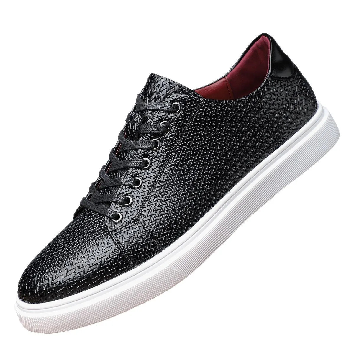 Men's black low-top business shoe with artificial PU leather upper and rubber sole.