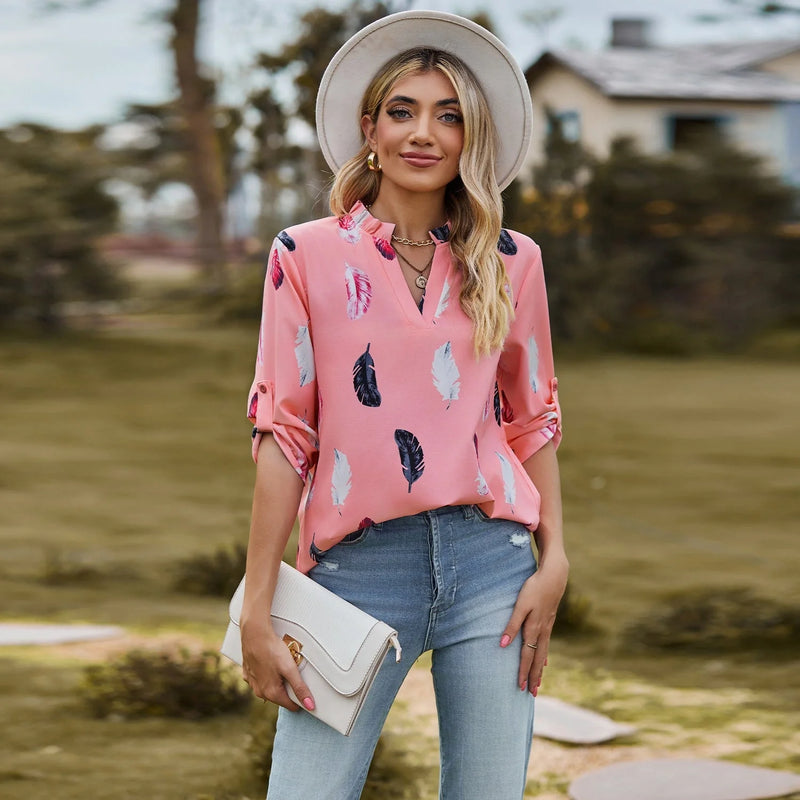 Hhomeenjoy Stylish Feather-Printed Pullover Blouse