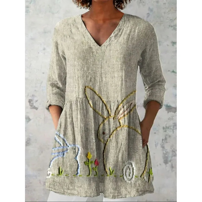 Women's printed wave loose dress with wide waist design and 3/4 sleeves in one of seven style options