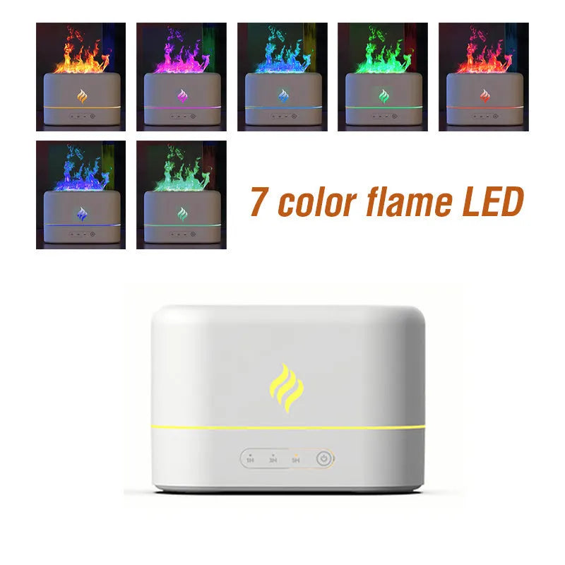 Black or white USB humidifier with seven-colour flame effect light and water tank.